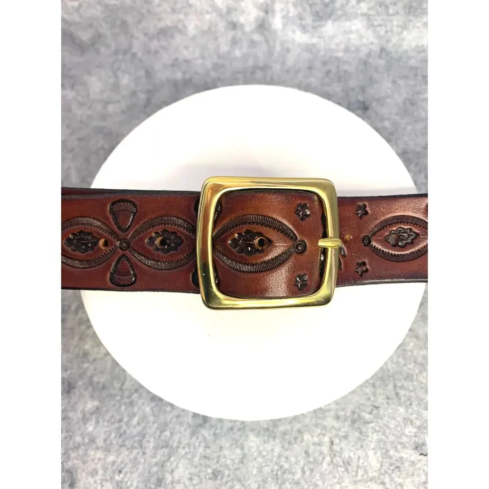 River Ridge Leather Belt, Maker Dennis Knight Tooled Brown Woodland Belt Sz 38